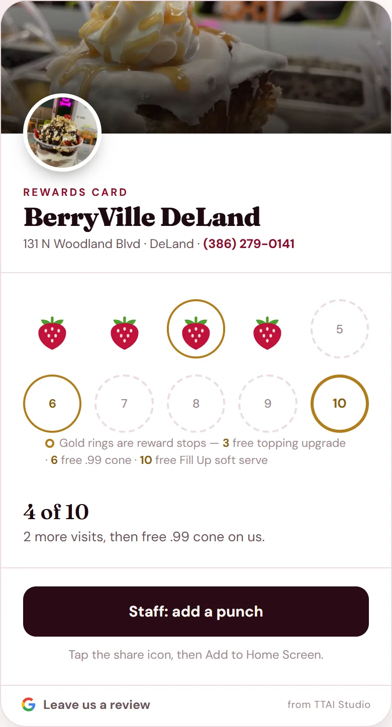 BerryVille DeLand digital rewards card showing four of 10 visits